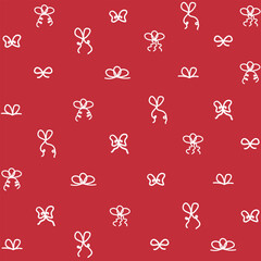 Red hand drawn background with white ribbons. Seamless bow pattern for presents . New Year, Christmas, Valentines day, Birthday