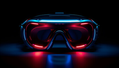 A vr headset illuminated by vibrant blue and red lights, symbolizing cutting-edge advancements in virtual reality technology