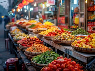 Obraz premium Street vendors selling local delicacies, vibrant and flavorful, Urban, Bright hues, Photograph, Urban cuisine
