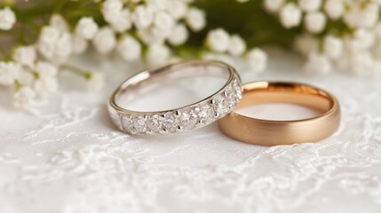 Elegante Hochzeitsaccessoires: Gold- und Diamantringe mit Spitze und Blumen für Frühlingszeremonien