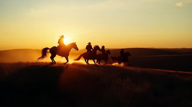 Silhouette showdown horse riders vs cowboys galloping at sunset, team battle on the horizon
