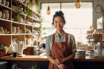 Fototapeta premium Tea cafe female adult entrepreneur.