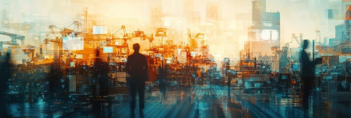 Fototapeta premium Abstract industrial scene with silhouettes, representing technology and innovation.