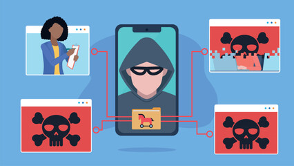Hacker on the phone screen with a folder infected with a Trojan. From the folder, connections go to the messenger application which are hacked and taken over. Flat design vector illustartion. © Animation_vector