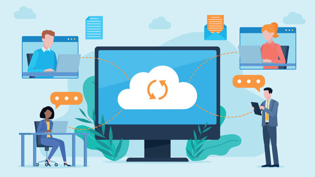 Connecting users of different devices via the cloud. Some people are at work, some connect via messenger. They send email, and documents. Flat design vector illustration.