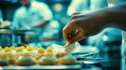 A chef decorates pastries in a professional kitchen, showcasing culinary artistry.