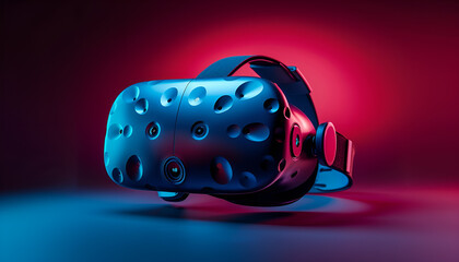 A vr headset illuminated by vibrant blue and red lights, symbolizing cutting-edge advancements in virtual reality technology