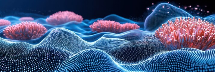 A vibrant, abstract representation of microscopic life forms in a digital landscape.