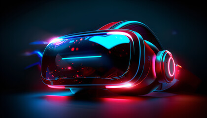 A vr headset illuminated by vibrant blue and red lights, symbolizing cutting-edge advancements in virtual reality technology