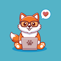 Cute Fox Wearing Glasses Using Laptop With Love Vector Icon Illustration.