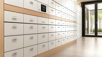 A series of fully enclosed digital lockers line the wall, each marked with individual numbers. The setting emphasizes storage options and organizational tools
