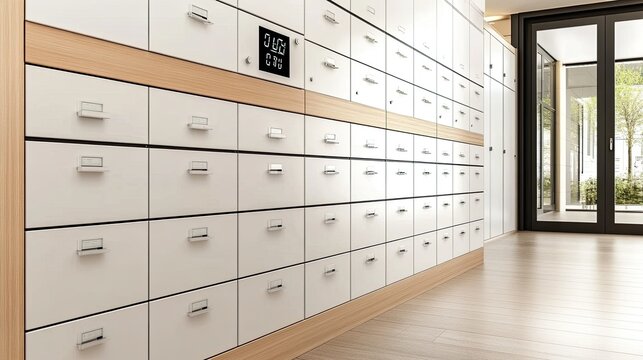 A series of fully enclosed digital lockers line the wall, each marked with individual numbers. The setting emphasizes storage options and organizational tools - Powered by Adobe
