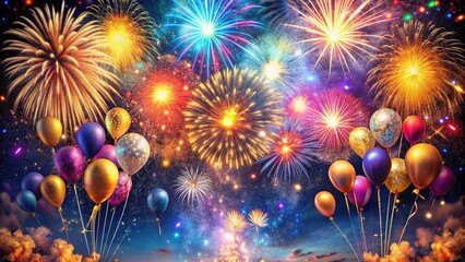Vibrant fireworks explode in a starry night sky, surrounded by swirling confetti and shimmering balloons, celebrating the joyous start of a brand-new year.