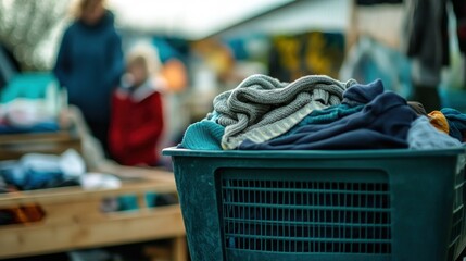 A laundry basket filled with clothes, with people in the background engaged in activity.