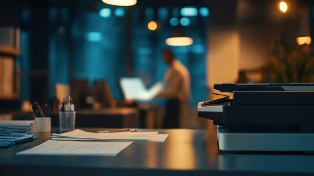 A dimly lit office scene featuring a printer and a person working at a computer.