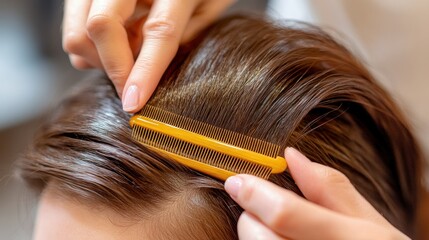 Fototapeta premium A close-up of hands combing hair with a yellow comb.