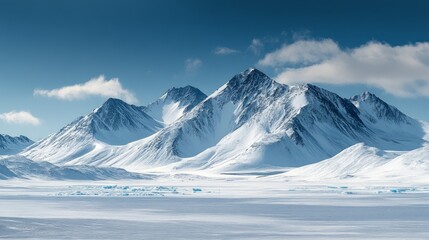 Snow-capped mountains rise above a vast, frozen plain. The bright blue sky is dotted with fluffy clouds, creating a stunning contrast with the white snow.