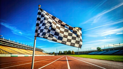A bright flag waves energetically, heralding the race's commencement against a stunning blue sky, as drivers ready themselves and spectators cheer at the track.