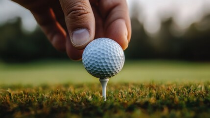 A hand placing a golf ball on a tee in a grassy field during a soft-lit evening.