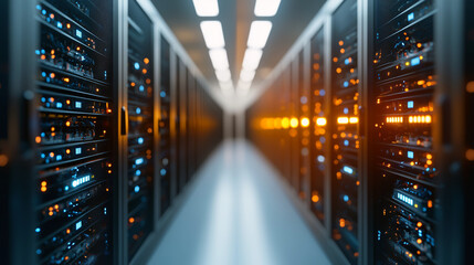 A high-tech data center featuring rows of server racks illuminated with blue and orange lights. The modern design showcases advanced technology and efficient storage solutions.