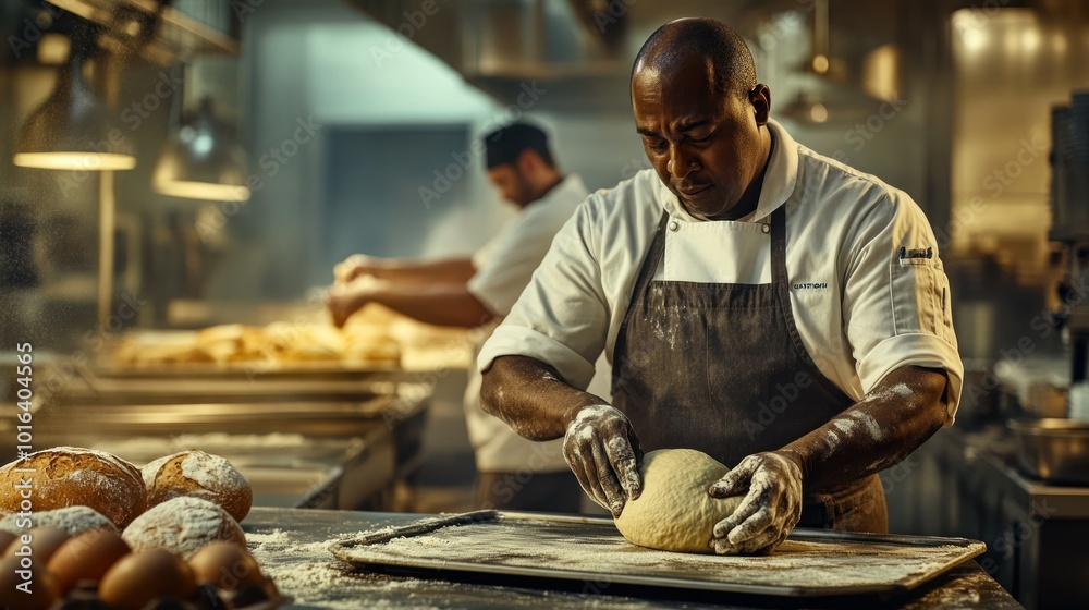 Sticker A chef kneads dough in a bustling kitchen, showcasing culinary skills and craftsmanship.