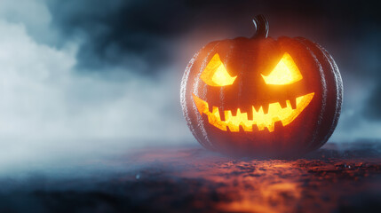 Obraz premium Glow of a carved pumpkin on a misty Halloween night showcasing a sinister grin in eerie surroundings