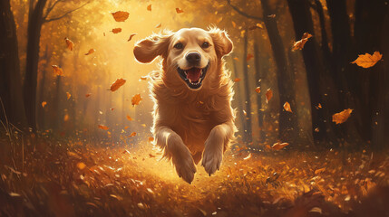 Golden Retriever Joyfully Running Through Autumn Leaves in Forest Setting