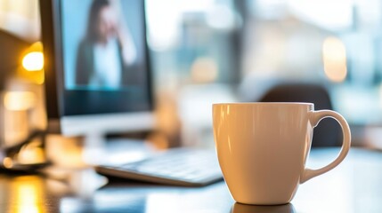 A white mug sits on a desk in front of a computer, suggesting a workspace atmosphere.