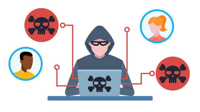 Hacker sitting at desk. Working on laptop and connecting to company conference by hacking connection and taking over user accounts. Flat design illustration. 