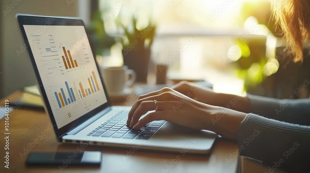 Wall mural A person typing on a laptop displaying data charts in a bright, cozy workspace.