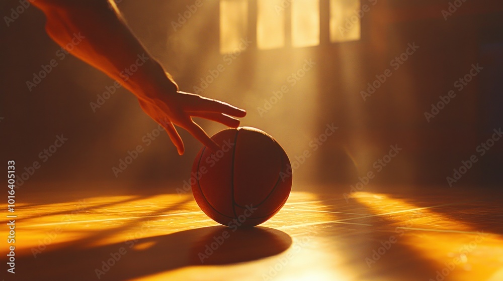 Canvas Prints A hand gently dribbles a basketball, illuminated by soft, golden light in a gym.