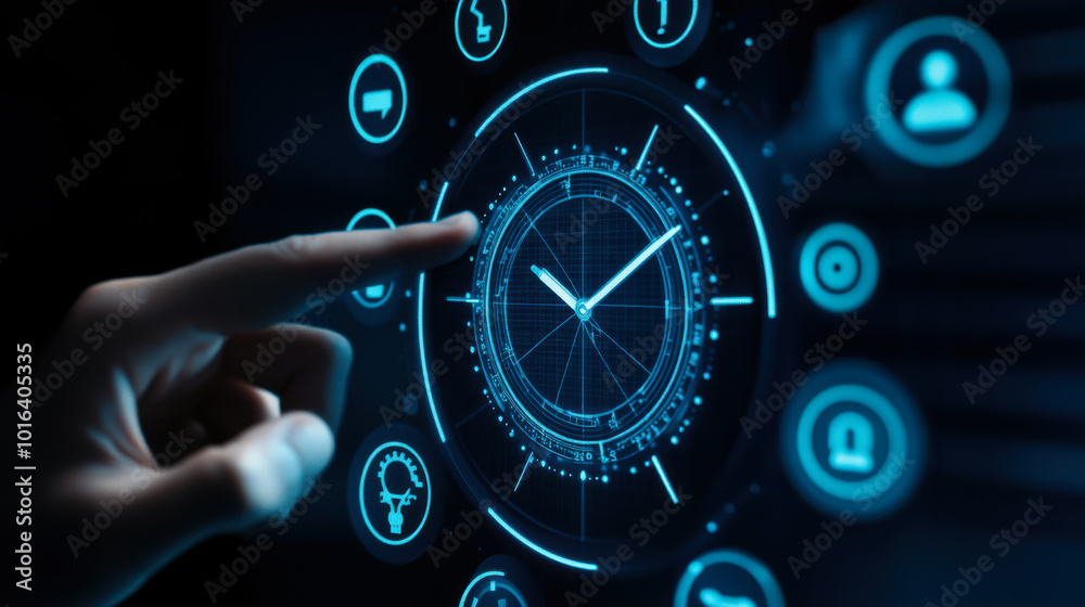 Aufkleber interactive digital interface displaying time and various symbols with a hand touching the screen in