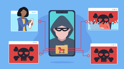 Flat design illustartion. Hacker on the phone screen with a folder infected with a Trojan. From the folder, connections go to the messenger application which are hacked and taken over. 