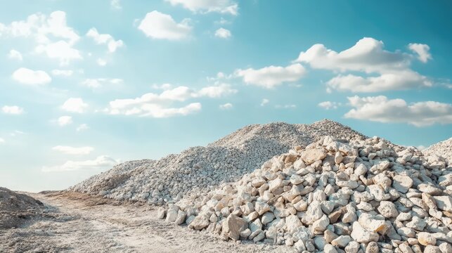 Piles of aggregate stone at a construction site, blank area in the sky for text