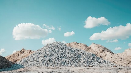 Piles of aggregate stone at a construction site, blank area in the sky for text
