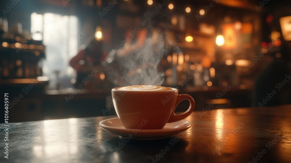 Canvas Prints A steaming cup of coffee on a table in a cozy café setting.