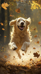Golden Retriever Joyfully Running Through Autumn Leaves in Forest Setting