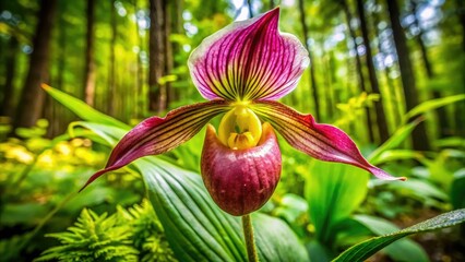 Obraz premium Amid lush greenery, the delicate Wild Lady Slipper Orchid displays its stunning bloom, highlighting the enchanting beauty of nature and its serene surroundings.