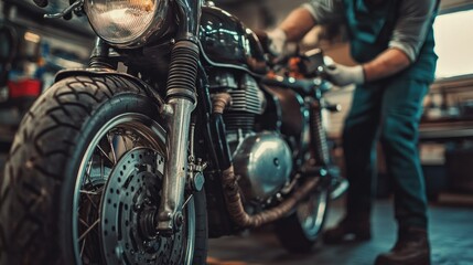 Fototapeta premium A mechanic working on a motorcycle in a workshop, showcasing craftsmanship and repair.