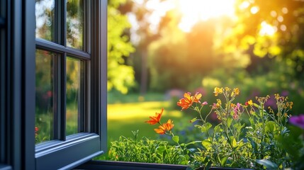 Sunlight streams through an open window, illuminating a vibrant garden with blooming flowers.