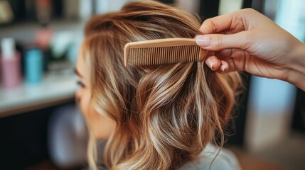 Fototapeta premium A hand combing wavy hair, showcasing a beauty routine in a salon setting.