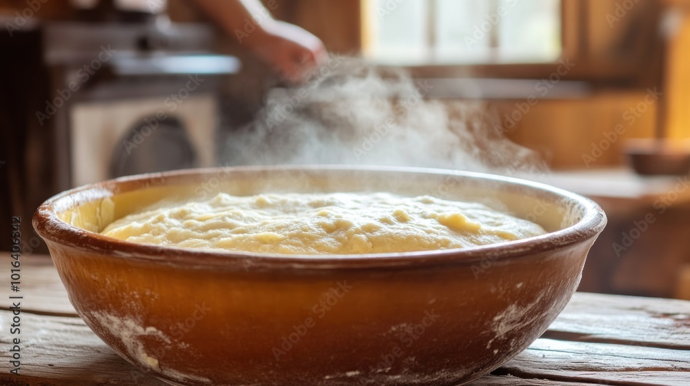 Poster A steaming bowl of freshly made porridge on a wooden table, evoking warmth and comfort.