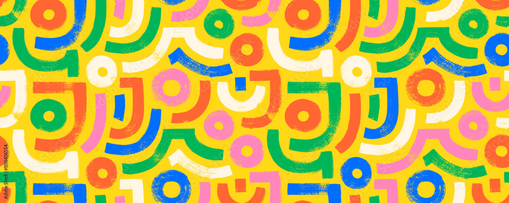 Poster colorful abstract maze seamless background with brush drawn bold curves and circles. vector naive ar
