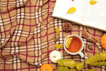 Hello autumn. Pumpkin, cup of tea, autumn leaves, book on plaid. Happy Thanksgiving