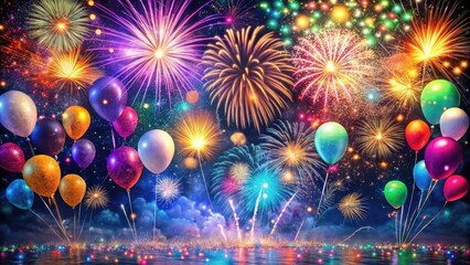 Vibrant fireworks explosions illuminate a night sky, surrounded by colorful confetti and balloons, as celebratory party decorations bid farewell to the old year.