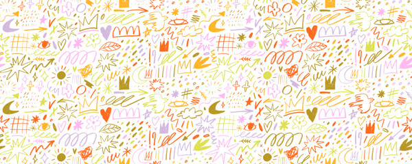 Colorful crayon drawn doodles seamless pattern. Hand drawn childish wrapping paper with various doodle shapes, line and scribble. Fun abstract background, playful motif with cute girly style drawings.
