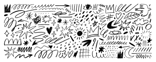 Obraz premium Childish doodle lines and shapes collection drawn with a crayon. Hand drawn pencil doodles, squiggles and scribbles.
