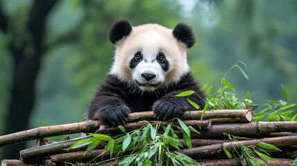 Obraz premium Adorable baby panda playing with bamboo poles, looking curiously at the camera with a lush green background
