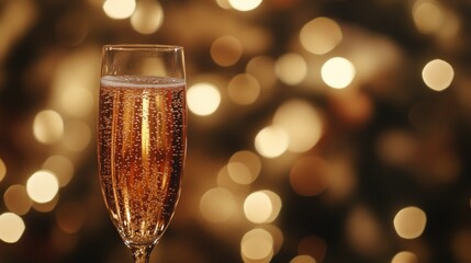A sparkling glass of champagne against a blurred festive background.