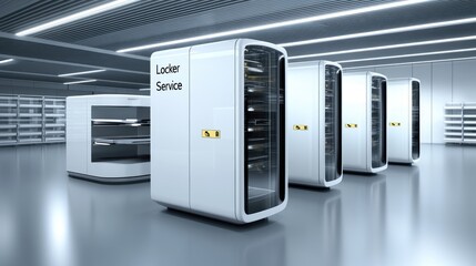 This detailed composition showcases a series of white lockers prominently featuring yellow numbers, alongside the Locker Service text, placed in a neutral setting